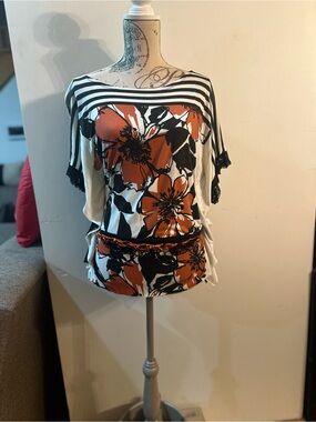 Floral Stripe Batwing Blouse in Orange, Black & White